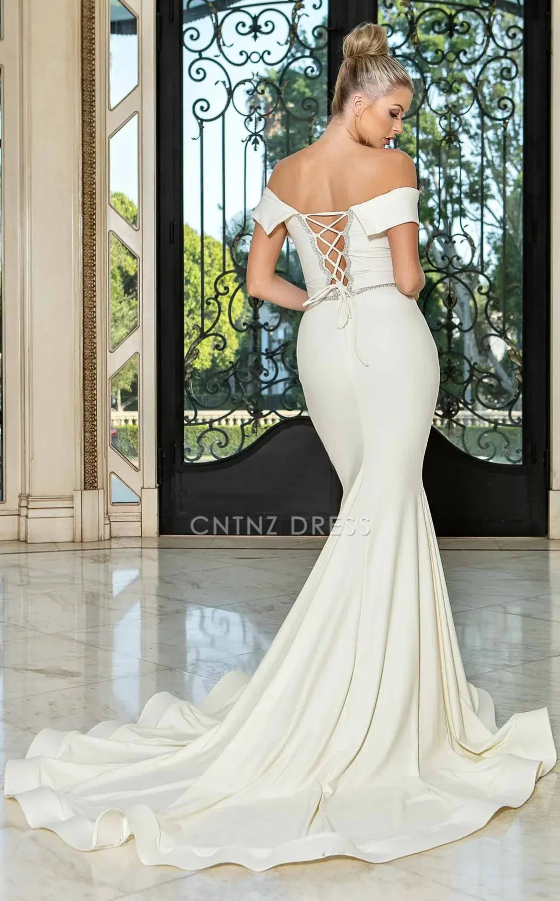 CNTNZ DRESS Fashion Mermaid Off Shoulder V Neck Pleated Beadwork Backless Sweep Train Exquisite Hot Sale Wedding Dress
