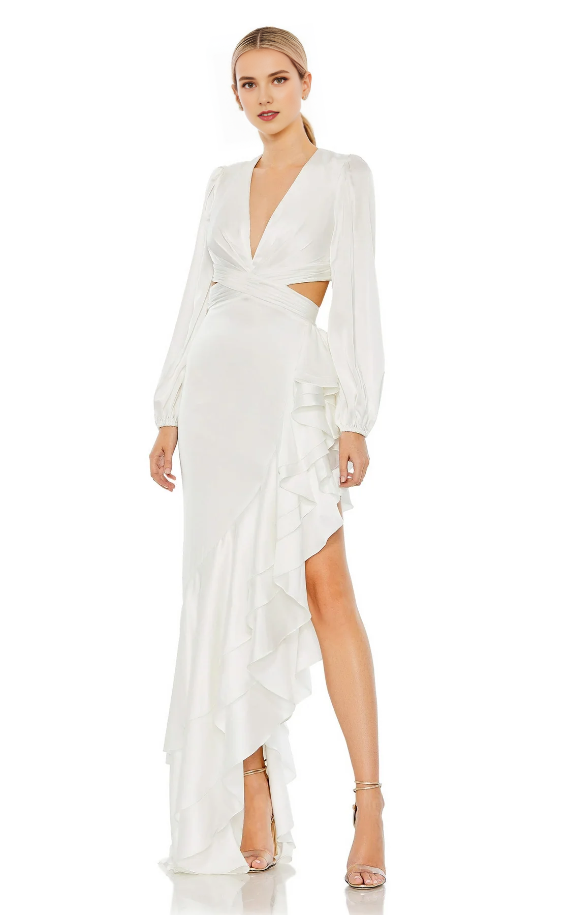 CNTNZ DRESS Unique Sheath V Neck Long Sleeves Crossover Fitted Bodice Asymmetrical Ruched Hemline Fashion Hot Sale Wedding Dress