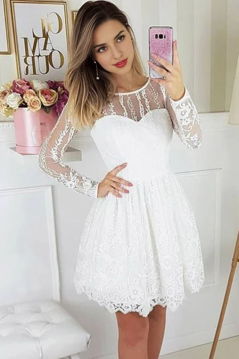 CNTNZ DRESS Hot Sale Short Prom Dress A-Line Round Neck Long Sleeves Lace Elegant Party Dress Homecoming Dress