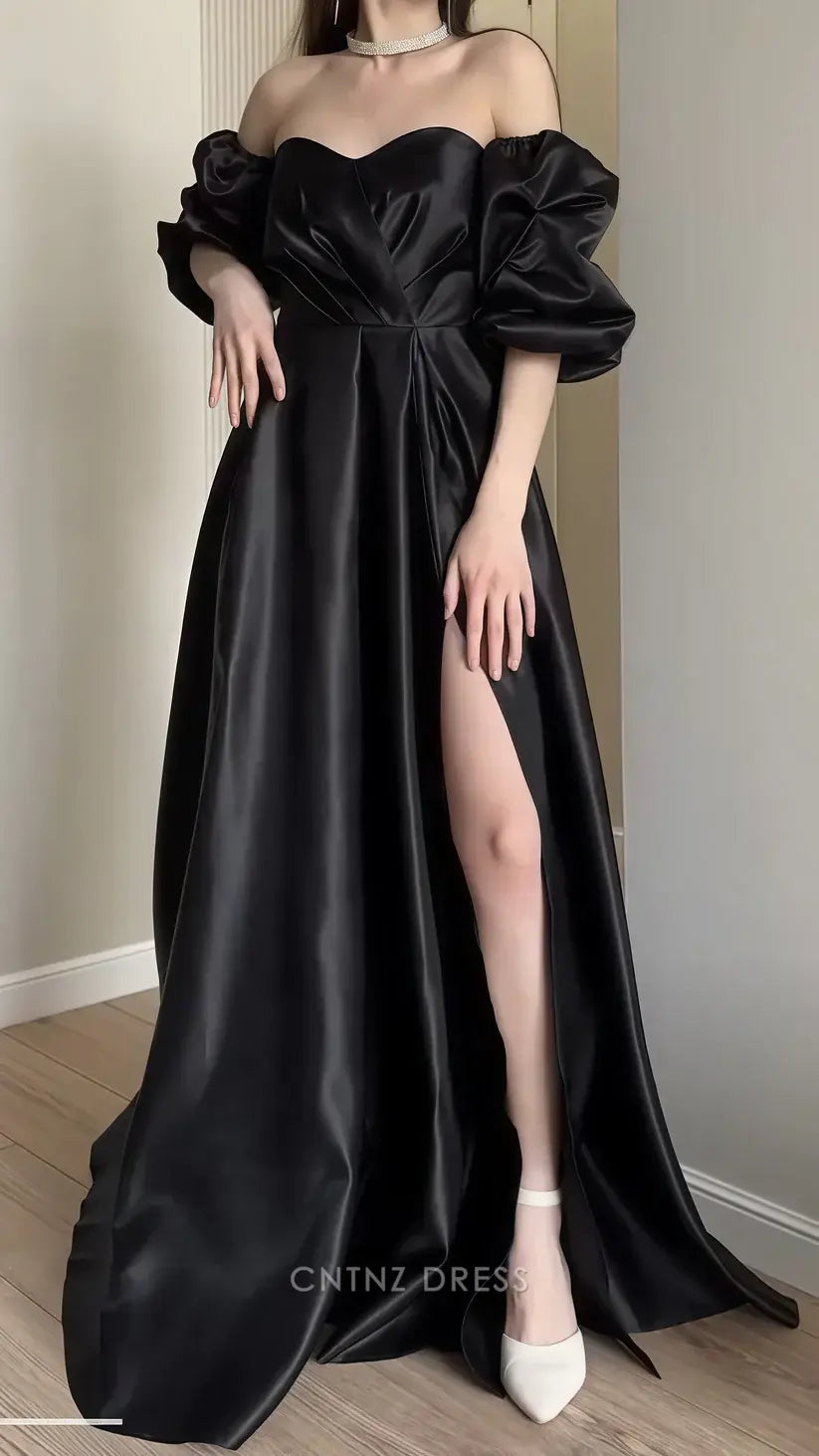 Wholesa A-line Elegant Black Off The Shoulder Bubble Sleeves Sweetheart formal dresses Bridesmaid Dresses evening gown Prom Dress With Split