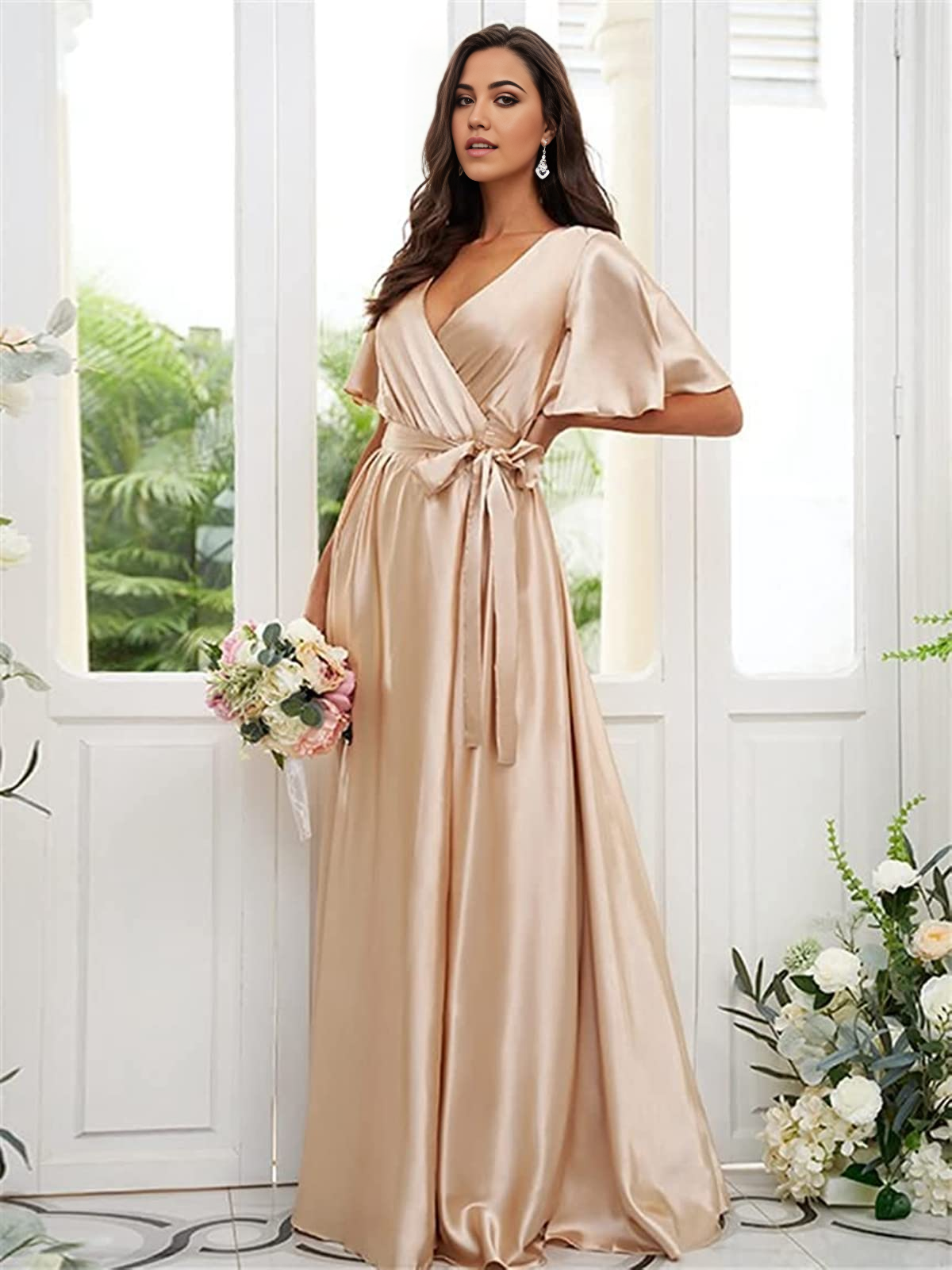 Wholesa A Line V Neck Sleeves Satin formal dresses evening gown Bridesmaid Dresses with Slit
