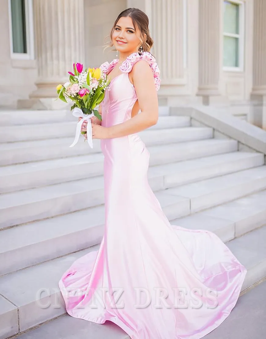 Wholesa Mermaid Flowers Shoulder Straps Satin Pink Long formal dresses evening gown Prom Dress
