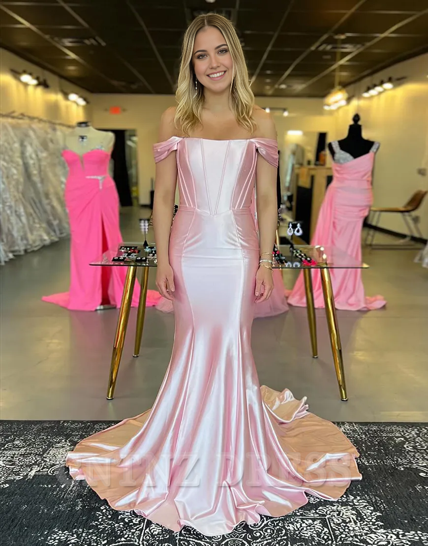 Wholesa Mermaid Off the Shoulder Corset Satin Light Pink Long formal dresses Bridesmaid Dresses evening gown Prom Dress