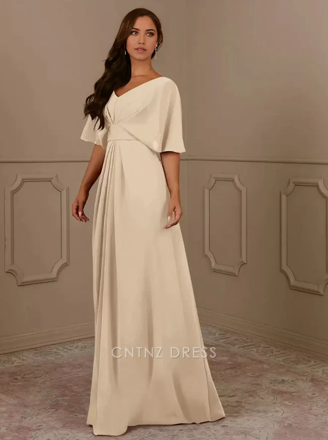 Wholesa A-Line V-Neck Short Sleeves Chiffon Pleated Wedding Guest Dresses Mother of the Bride Dresse
