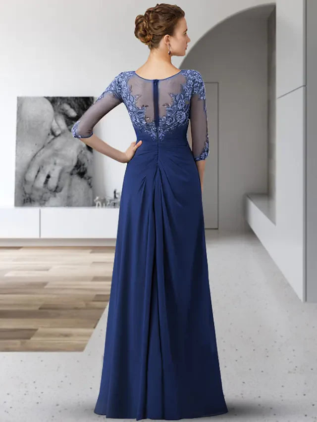 Wholesa Mother of the Bride Dress Elegant Jewel Neck Floor Length Chiffon Lace 3/4 Length Sleeve with Appliques Ruching