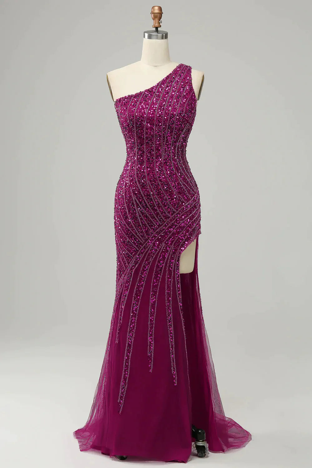 Wholesa Sparkly One Shoulder Sequin Prom Dress with Slit