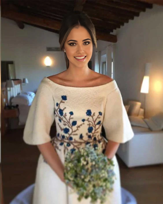 Wholesa Embroidery Romantic Half Sleeve Bridal Gown Wedding Dresses