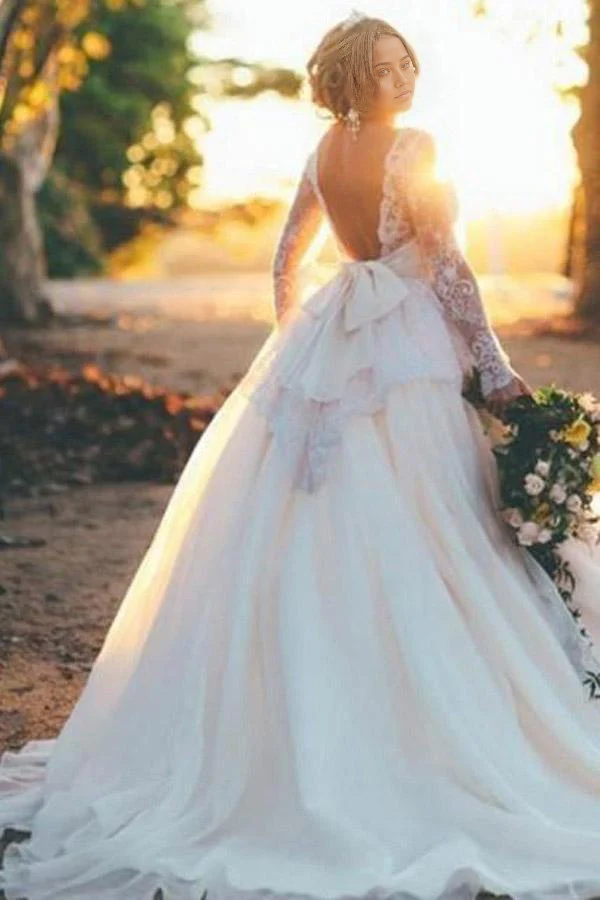 Wholesa A-line Long Sleeves Organza Ball Gown Wedding Dress with Beading Lace
