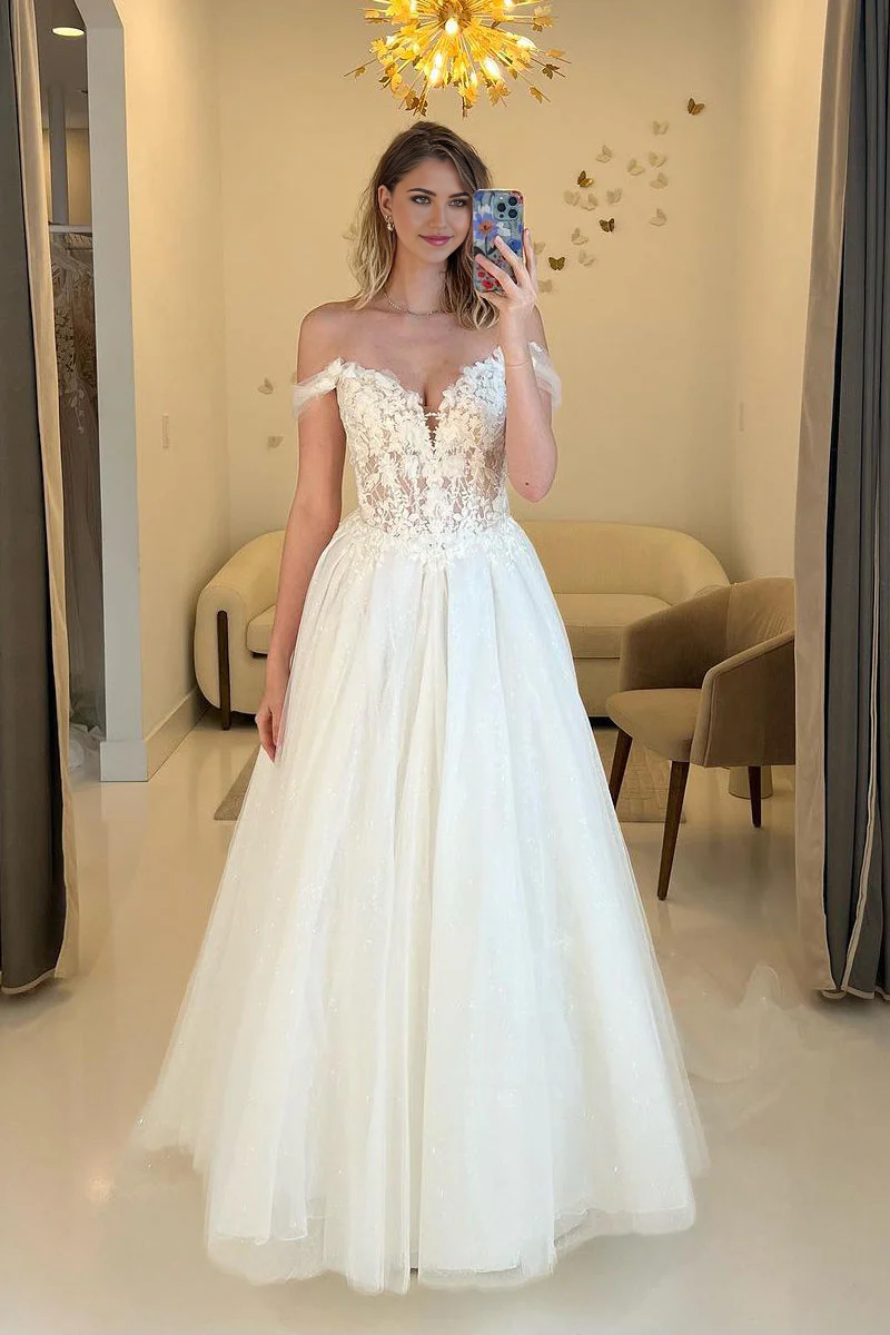 Wholesa A-Line Off the Shoulder Appliques Tulle Wedding Dresses