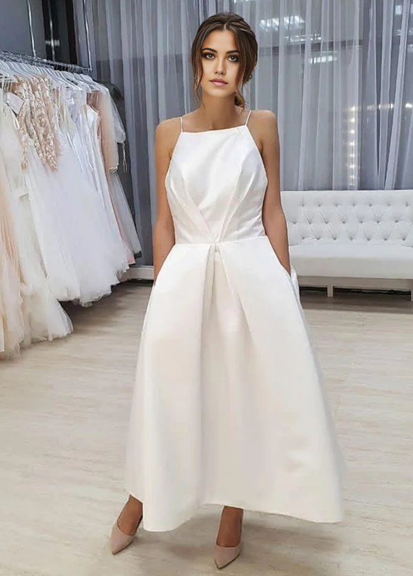 Wholesa A-Line Sleeveless Spaghetti-Straps Simple Open Back Tea Length Wedding Dress with Pockets