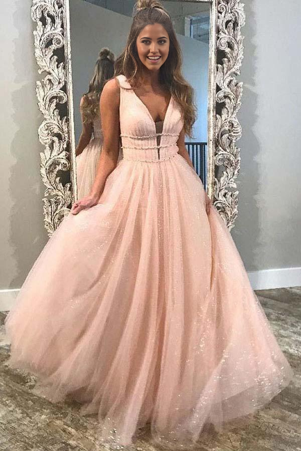 Wholesa A-Line Deep V-Neck Sweep Train Tulle Backless Pink Prom Dress with Beading