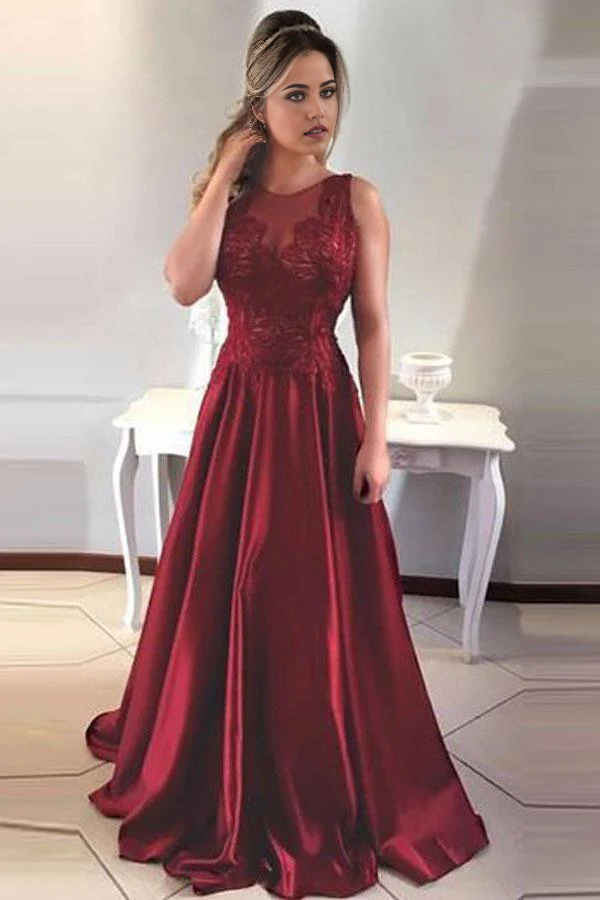 Wholesa A-Line Round Neck V-Back Maroon Satin formal dresses evening gown Prom Dresses with Lace