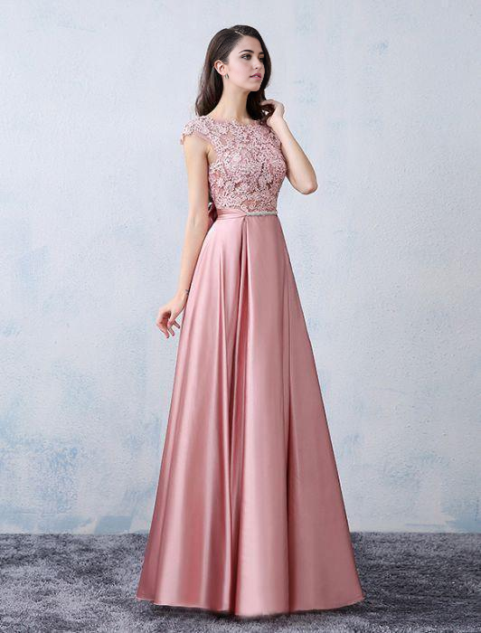 Wholesa A-line Scoop Pink Satin Applique Prom Dress Evening Dress