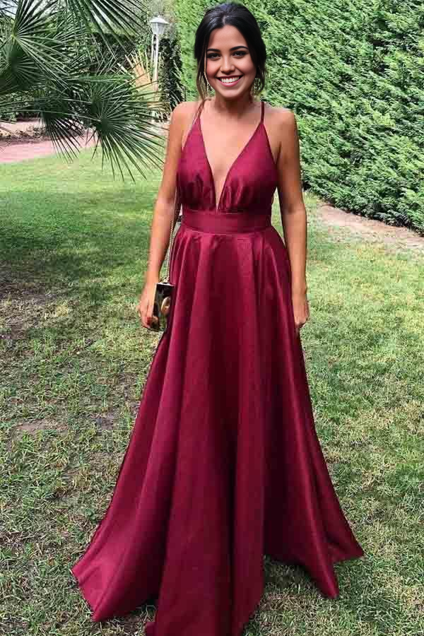 Wholesa A-line Gorgeous V Neck Burgundy Satin Long Prom Dresses Formal Dress