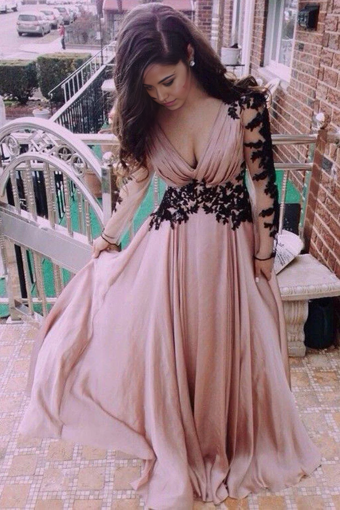 Wholesa A-line V-Neck Long Sleeve Lace formal dress evening gown Prom Dresses