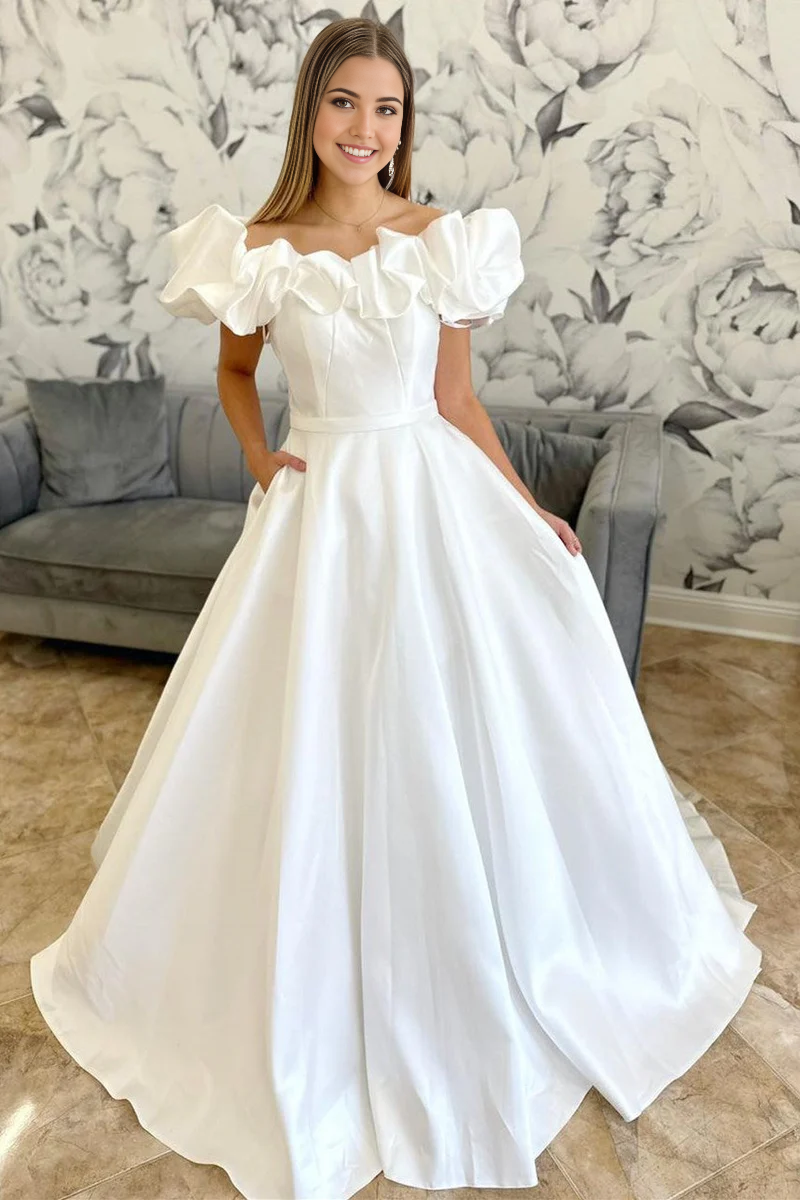 Wholesa A-line Off-the-Shoulder Ruffle Long Bridal Gown Wedding Dresses