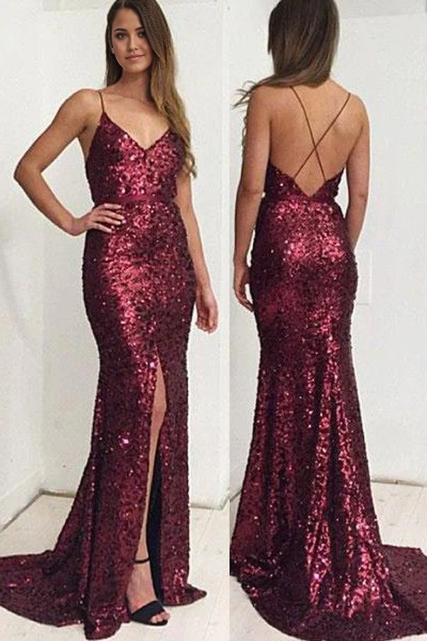 Wholesa Mermaid Gorgeous Sequin Spaghetti Straps Long Prom Dress with Side Slit