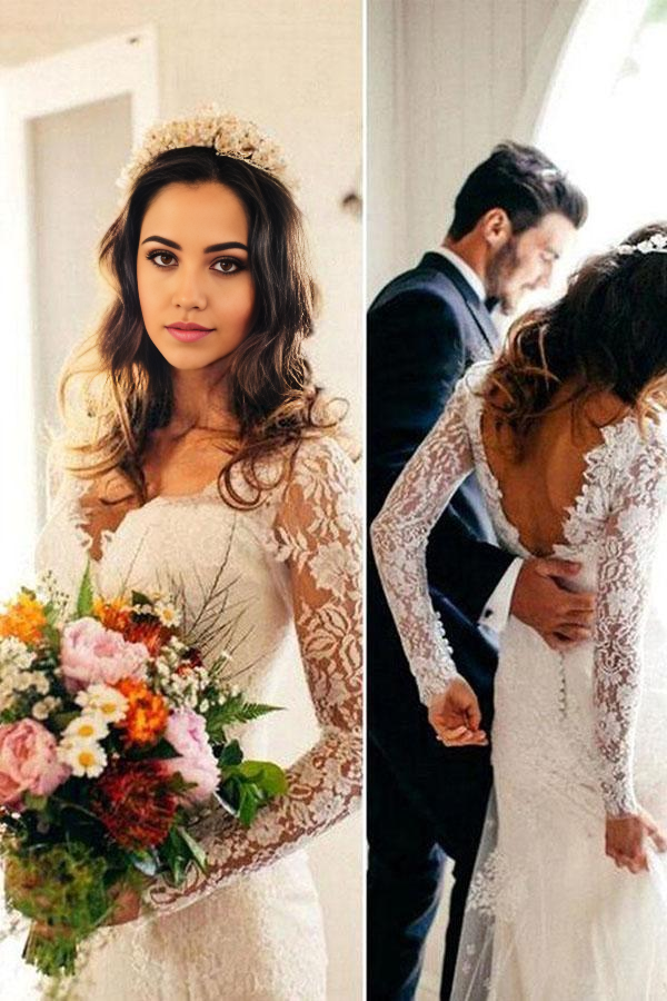 Wholesa Mermaid Sexy Long Sleeves White Lace Wedding Dress
