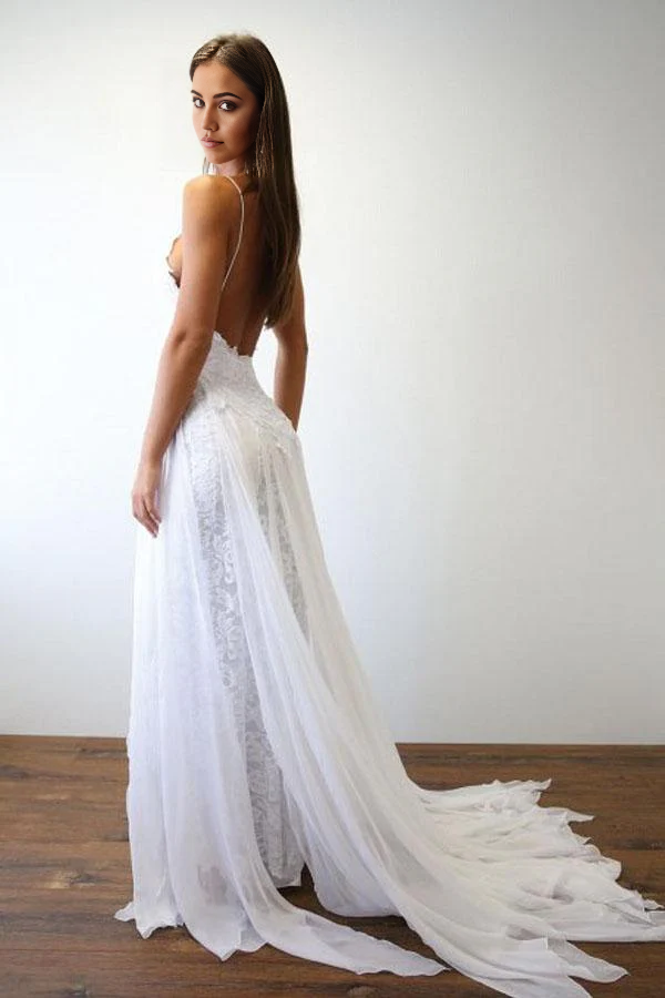 Wholesa Beach A-line Sexy Spaghetti Straps White Long Wedding Dress