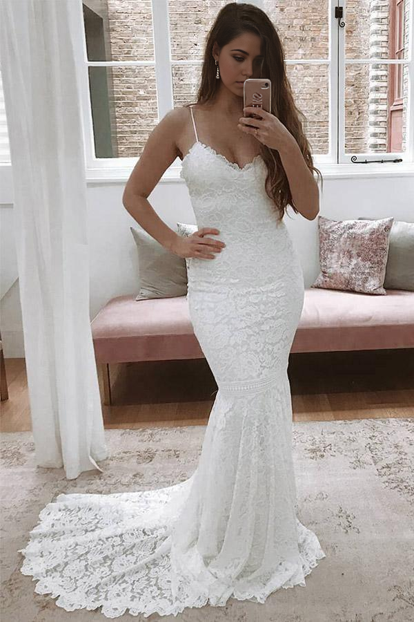 Wholesa Mermaid Spaghetti Straps Lace Ivory Wedding Dress