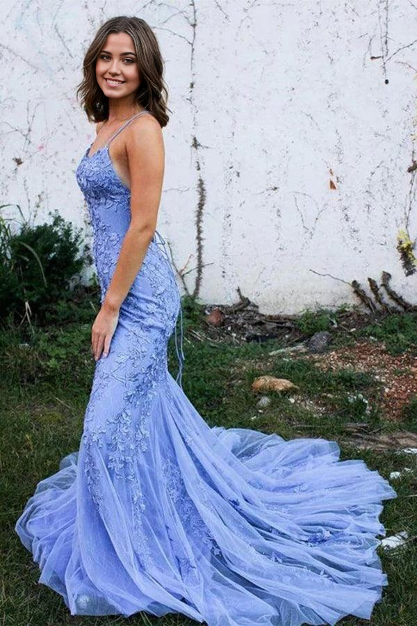 Wholesa Mermaid Backless Lace Blue Long Prom Dresses Formal Dresses