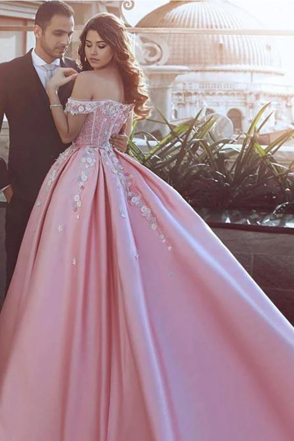 Wholesa A-line Off-the-Shoulder Pink Satin Ball Gown Prom Dress with Appliques