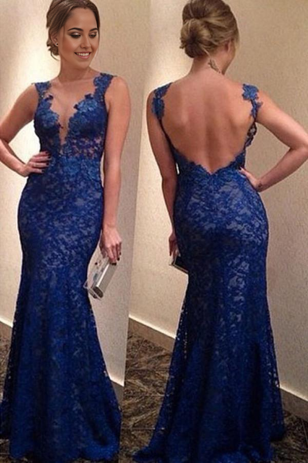 Wholesa Mermaid Elegant Royal Blue formal dresses Prom Dress Evening Gowns With Lace Appliques