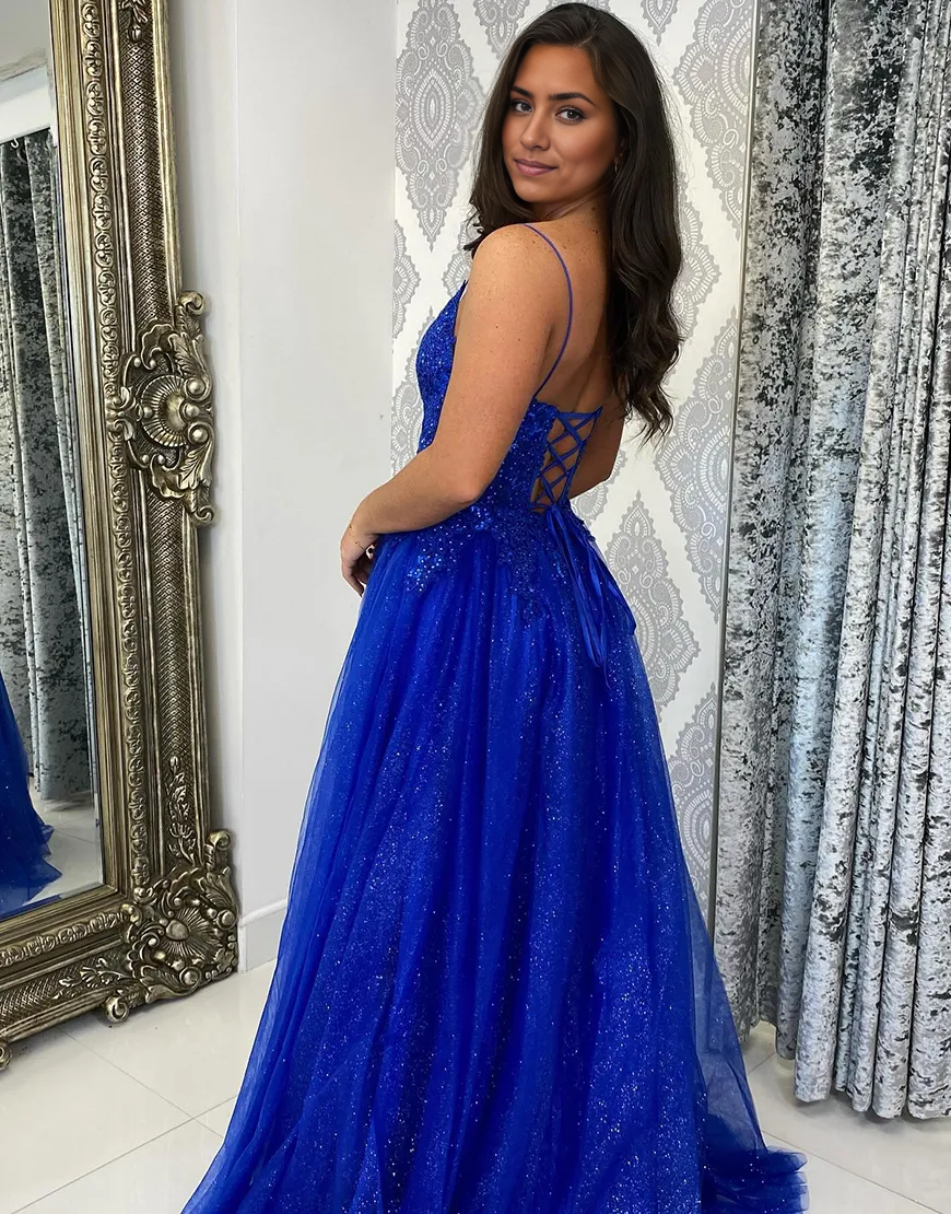 Wholesa A-Line Spaghetti Straps Corset Appliques Tulle Long Sparkly Royal Blue formal dresses evening dress Prom Dress with Slit