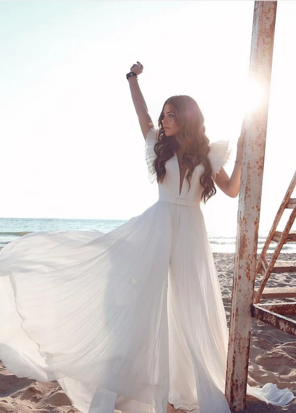 Wholesa A-Line V-Neck Short Sleeves Chiffon Bridal Dresses Wedding Dresses