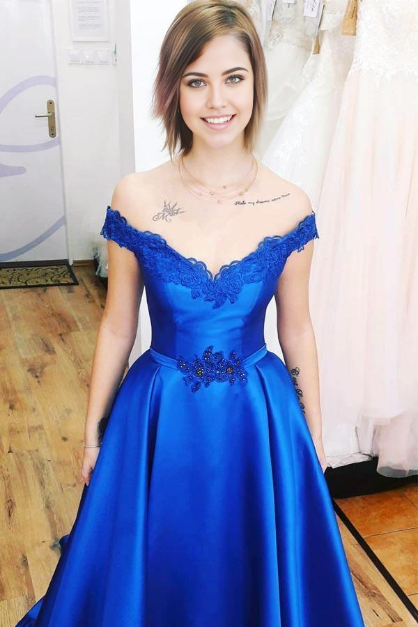 Wholesa A-line Off the Shoulder Lace-Up Back Royal Blue Long Prom Dress