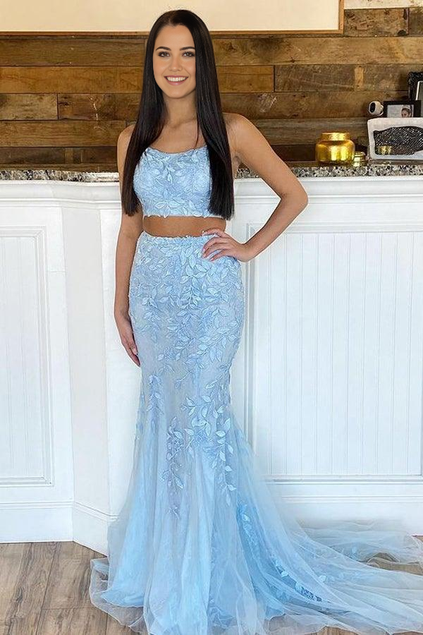 Wholesa Two Piece Mermaid Scoop Neck Light Blue Lace Prom Dresses