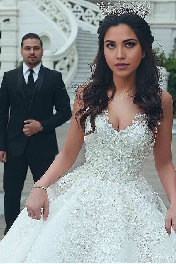 Wholesa A-line V-neck Neckline Ball Gown Wedding Dresses With Lace Appliques