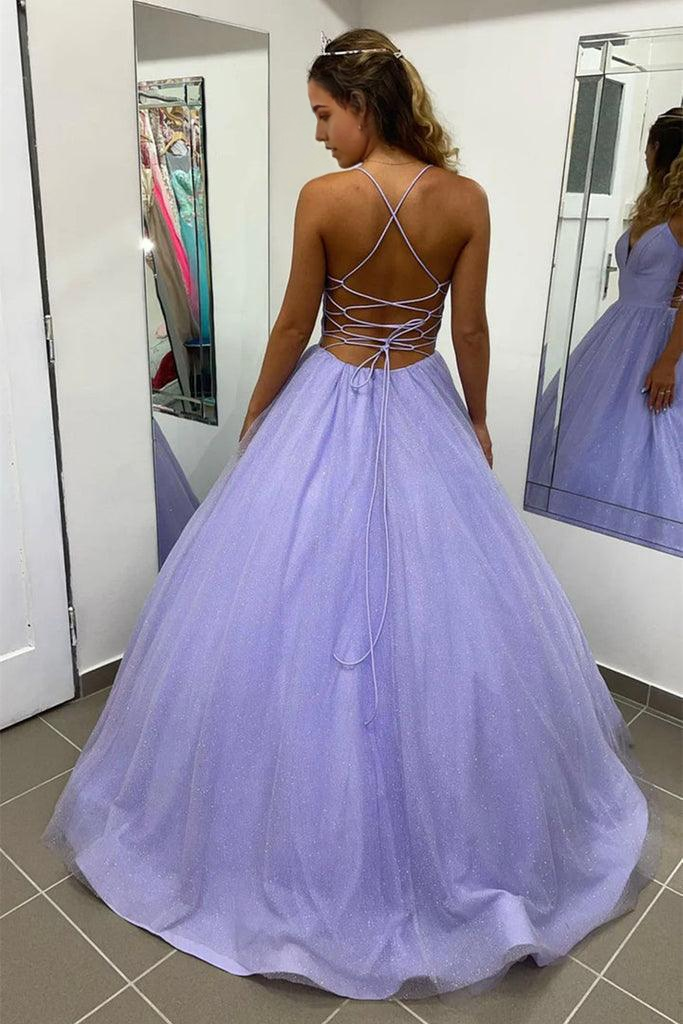 Wholesa A Line V Neck Tulle Shiny Lavender Prom Formal Dress With Pocket