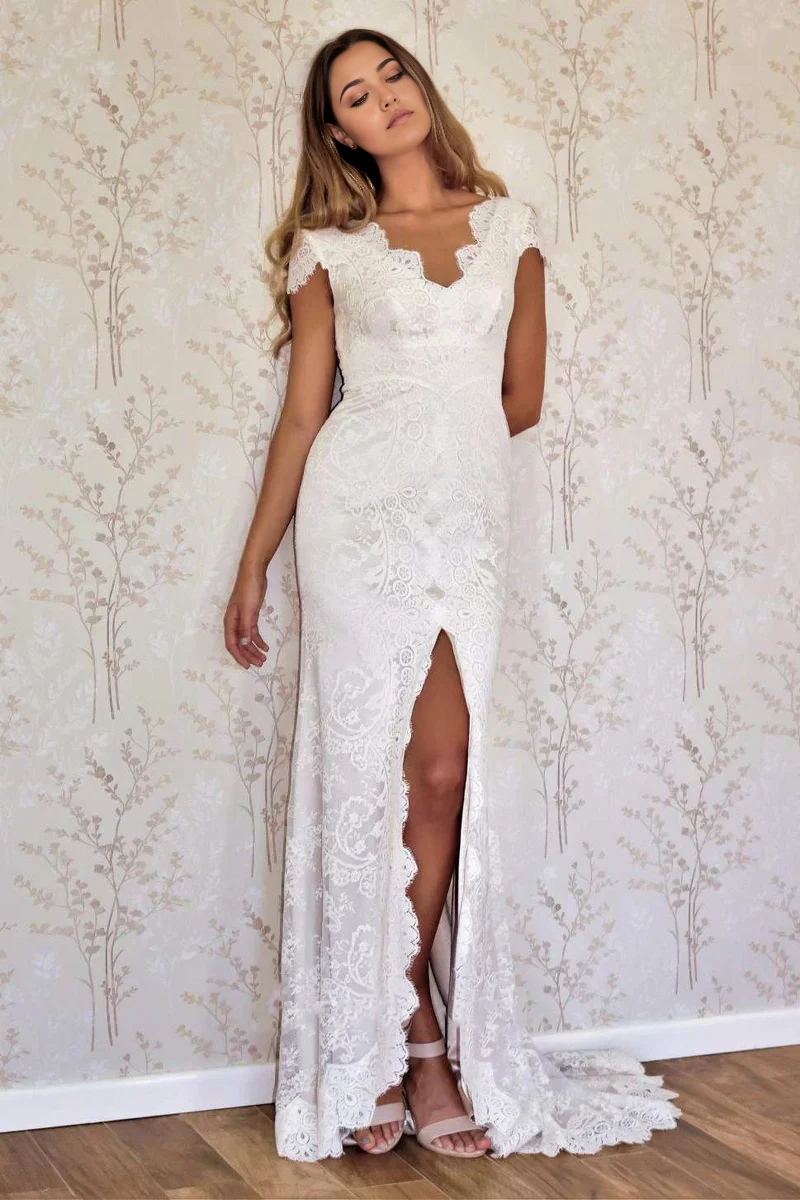 Wholesa Mermaid Cap Sleeve Satin Lace Split Wedding Dress