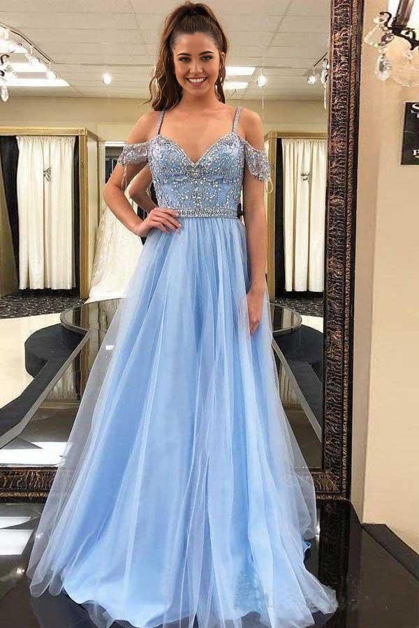 Wholesa A-line Off the Shoulder Sky Blue Beaded Tulle Prom Dresses Long Formal Dresses