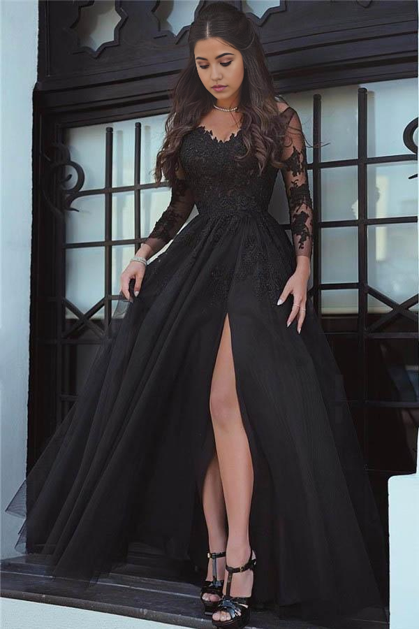Wholesa Glamorous Lace Black Long-Sleeve formal dresses Prom Dress Evening Dress With Slit