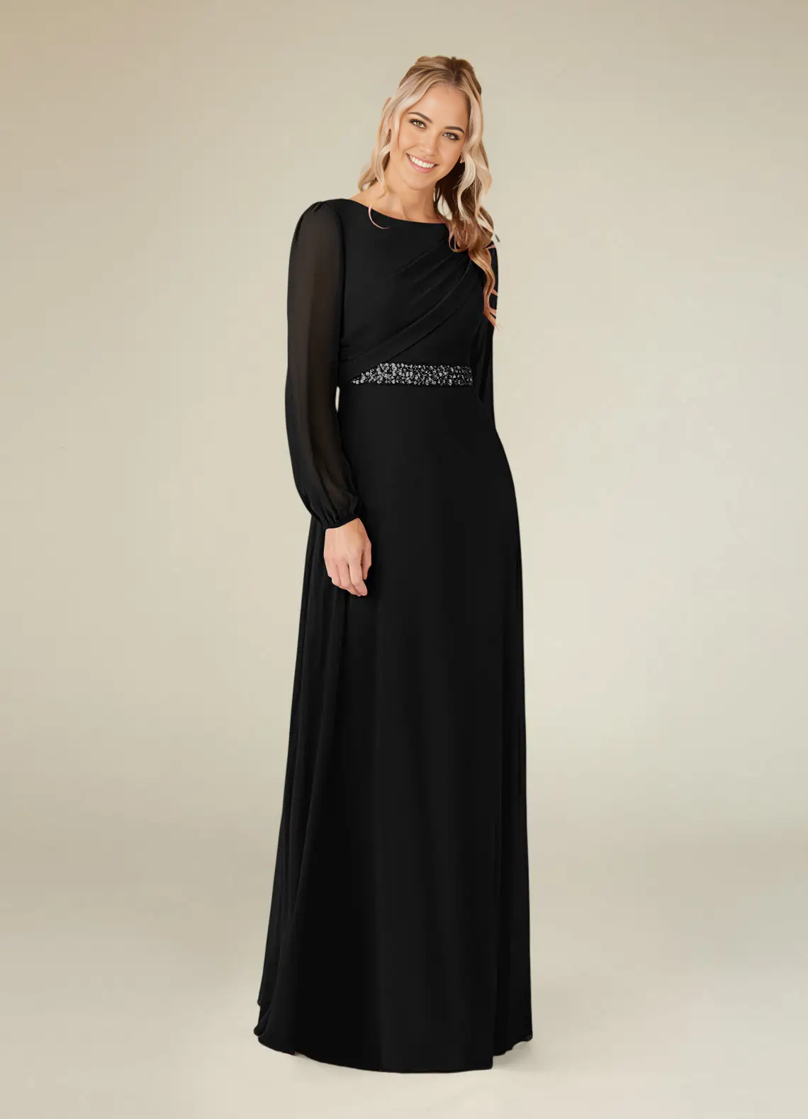 Wholesa A-Line Boatneck Pleated Chiffon Long Sleeve Black Mother of the Bride Dresses