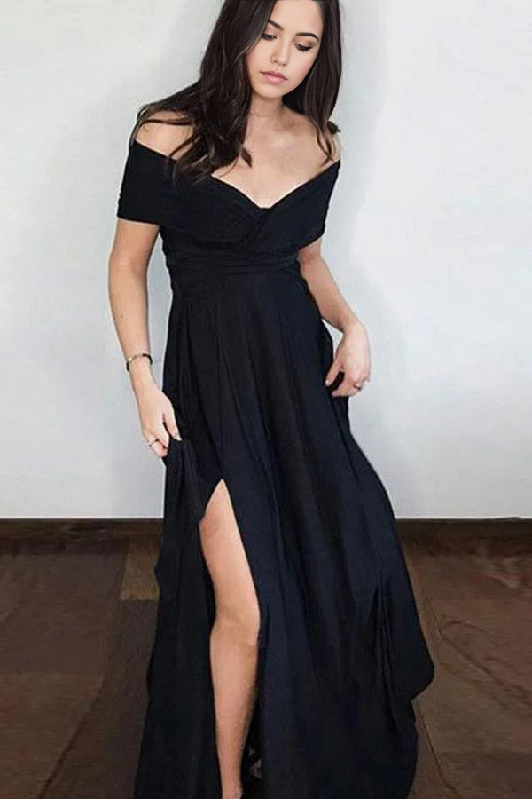 Wholesa A Line Off the Shoulder Side Split Black Satin Black Long Prom Dresses