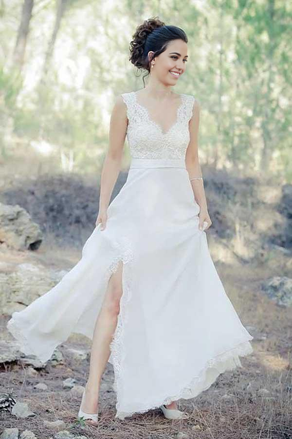 Wholesa A-Line V-Neck Sweep Train Chiffon Beach Wedding Dress with Lace