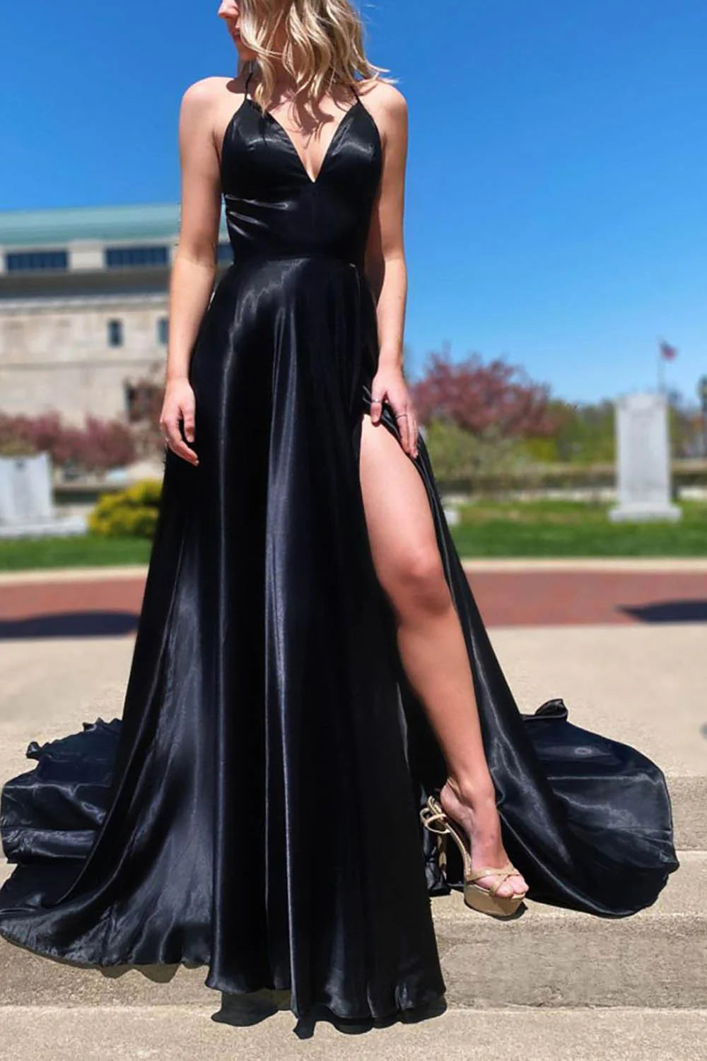 Wholesa A-Line V-Neck Satin Long Prom Dress with Slit