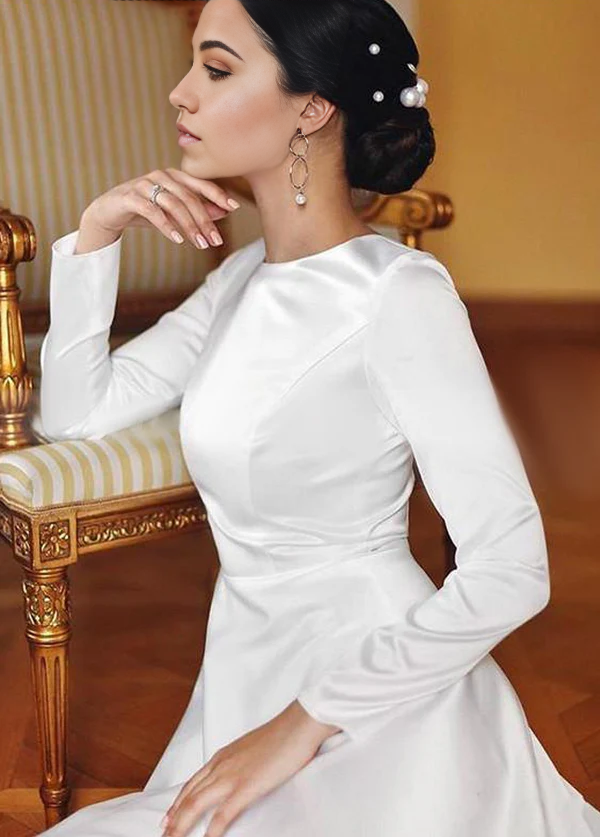 Wholesa A-Line Bateau Neckline Long Sleeves Vintage Satin Bridal Gown Wedding Dresses