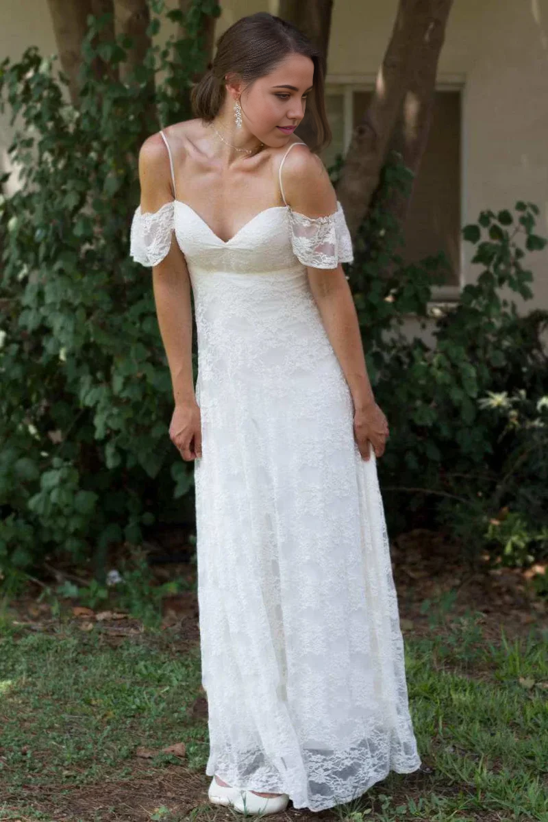 Wholesa Spaghetti Straps Off-The-Shoulder Floor-Length Lace Wedding Dress