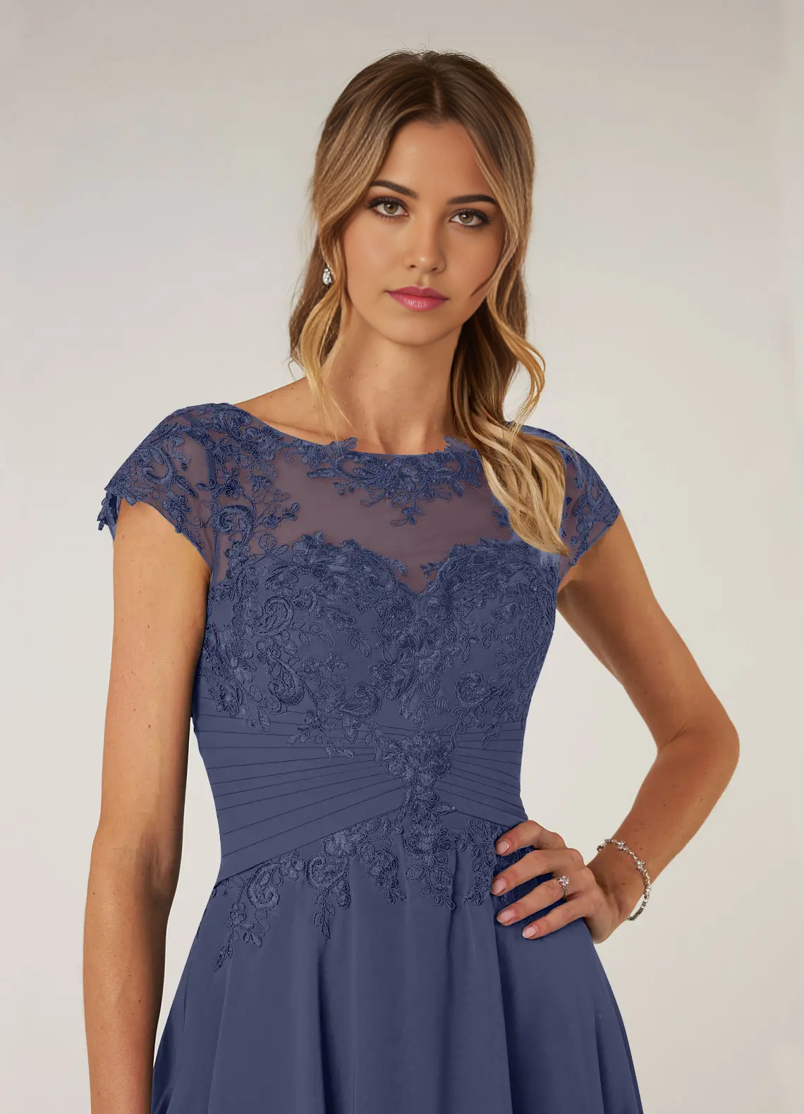 Wholesa A-line Crew Neck Lace Chiffon Stormy Mother of the Bride Dresses