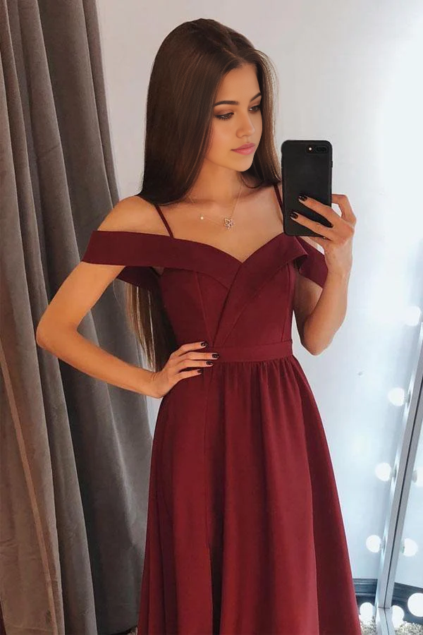 Wholesa A Line Charming Off the Shoulder Burgundy Satin Long Prom Dresses