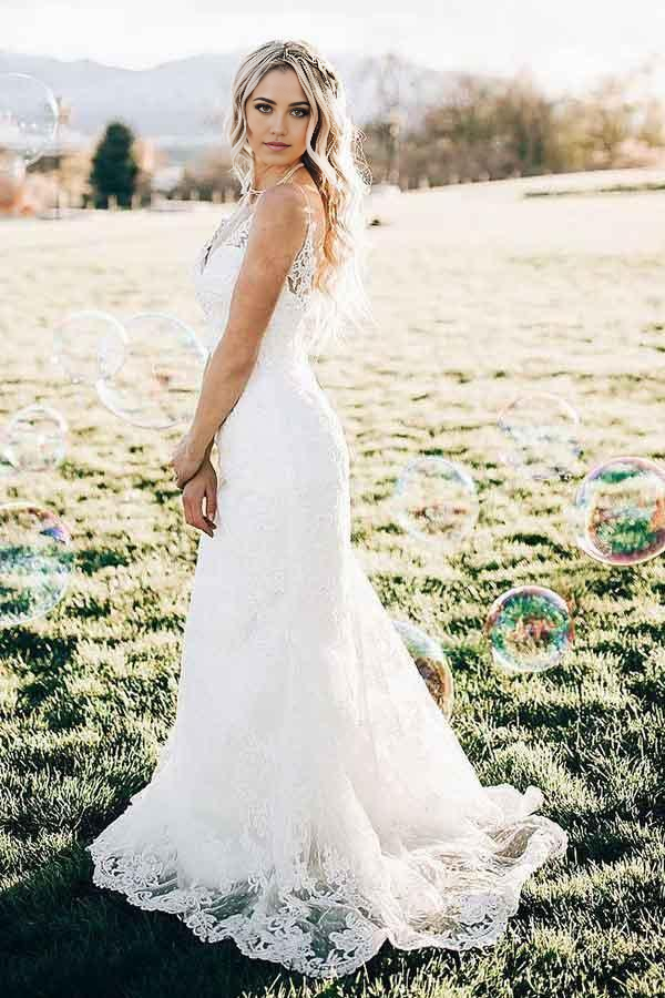 Wholesa Mermaid V-Neck Sweep Train Sleeveless Lace Wedding Dress