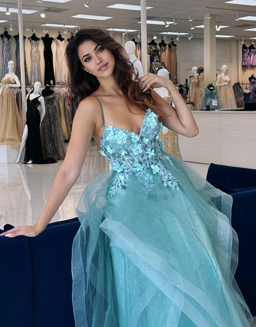 Wholesa A-Line Spaghetti Straps Ruffles Tulle Sparkly Navy Long formal dresses evening dress Prom Dress with Flowers