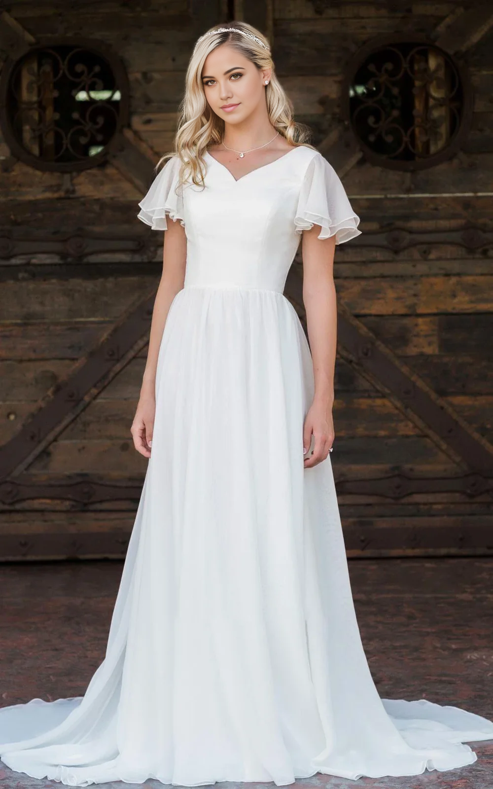 Wholesa A Line V-neck Chiffon Floor-length Train Short Sleeve Wedding Dress with Ruffles