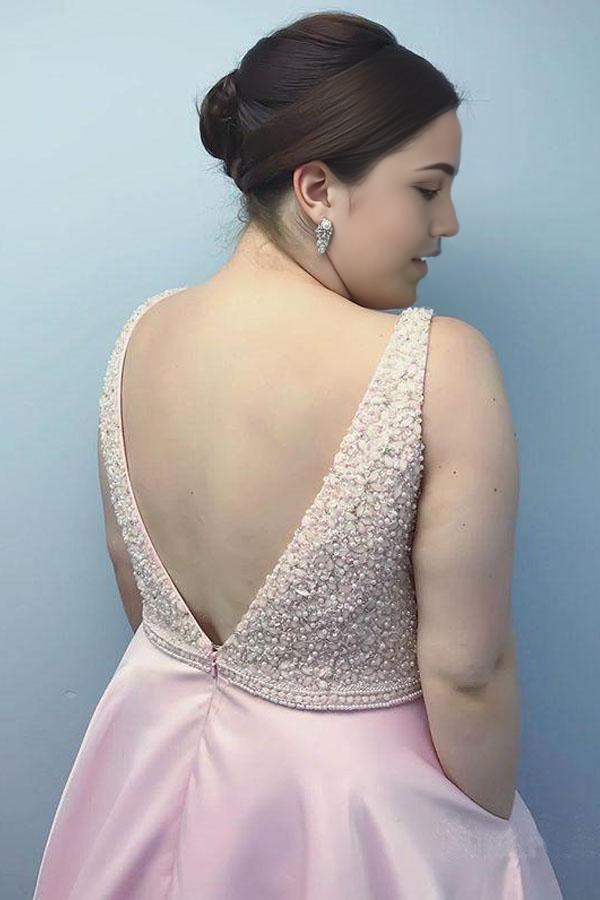 Wholesa Plus Size Simple Pink Satin Beaded Long Prom Dresses