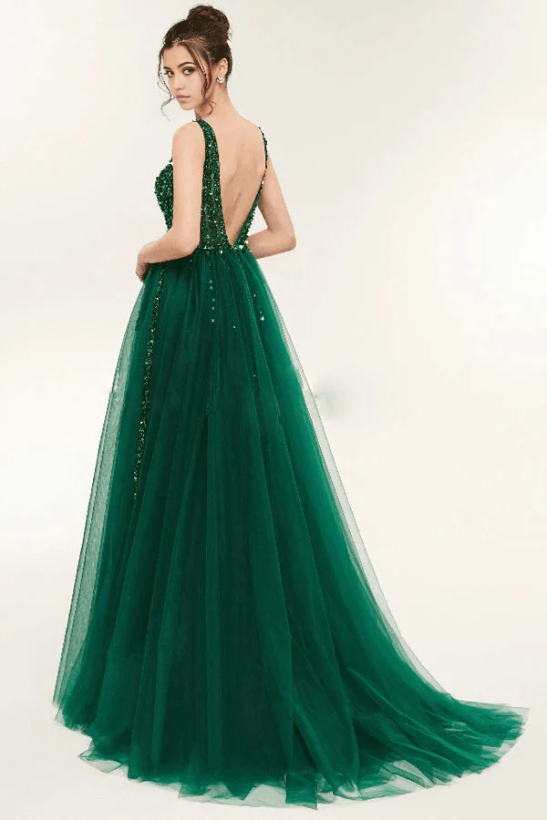 Wholesa A-line V Neck Green Open Back Tulle Long Prom Dresses With Sequins