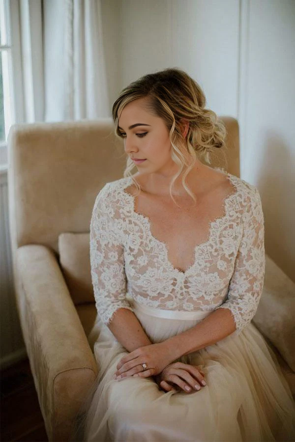 Wholesa A-line V-neck Half Sleeves Belt Tulle Wedding Dress Bridal Gown